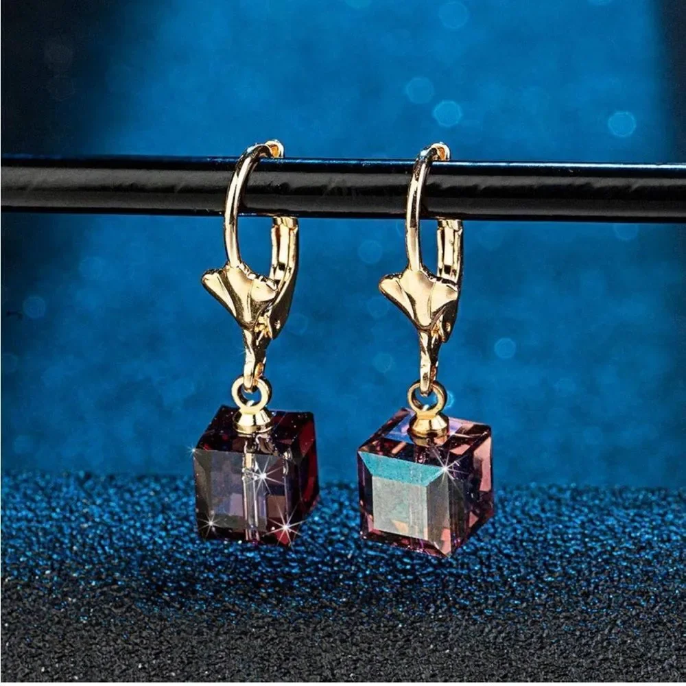 14K Yellow Gold with Purple Amethyst Austrian Crystal Cube Leverback Earrings
